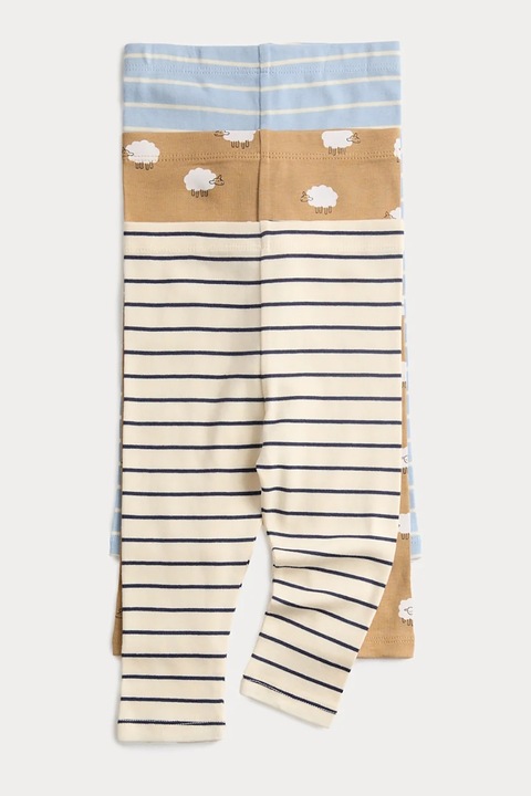 Marks & Spencer, Set de colanti de bumbac cu imprimeu - 3 piese, Albastru pastel/Maro deschis/Bej deschis