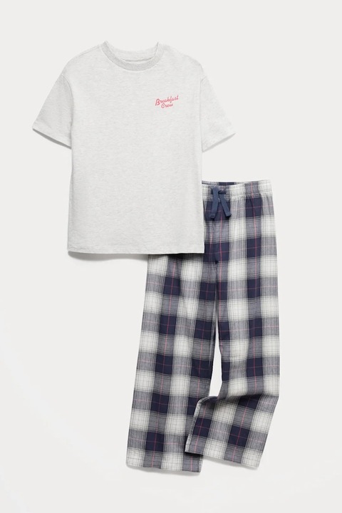 Marks & Spencer, Pijama din bumbac cu model, Gri/Bleumarin
