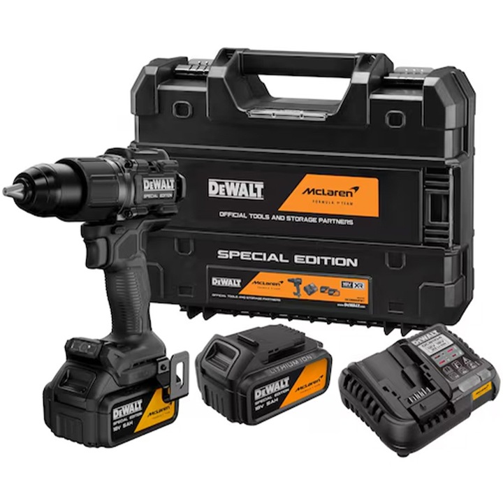Aparat de gaurit si insurubat DeWALT DCD86MP2T-QW, 2x5Ah, McLaren, 90Nm, 177mm, cu valiza