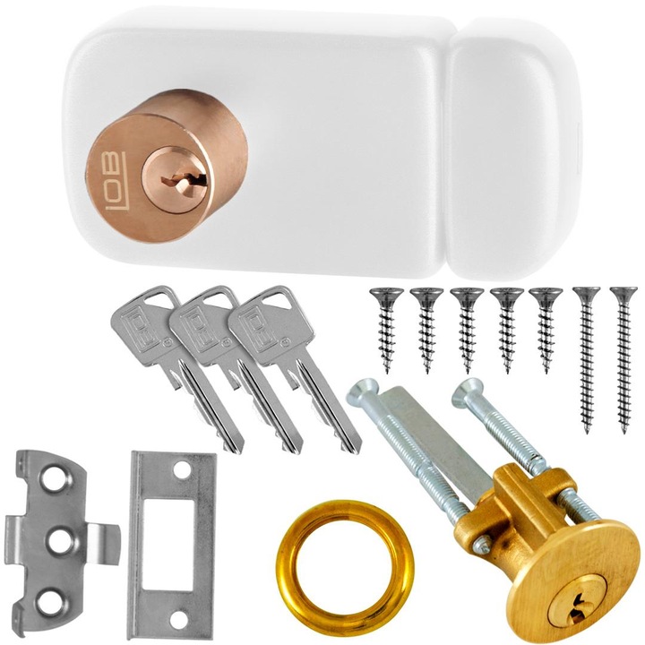 Zavor wierzchni 2-bebenkowy 60mm alb cu 3 chei si accesorii de montaj