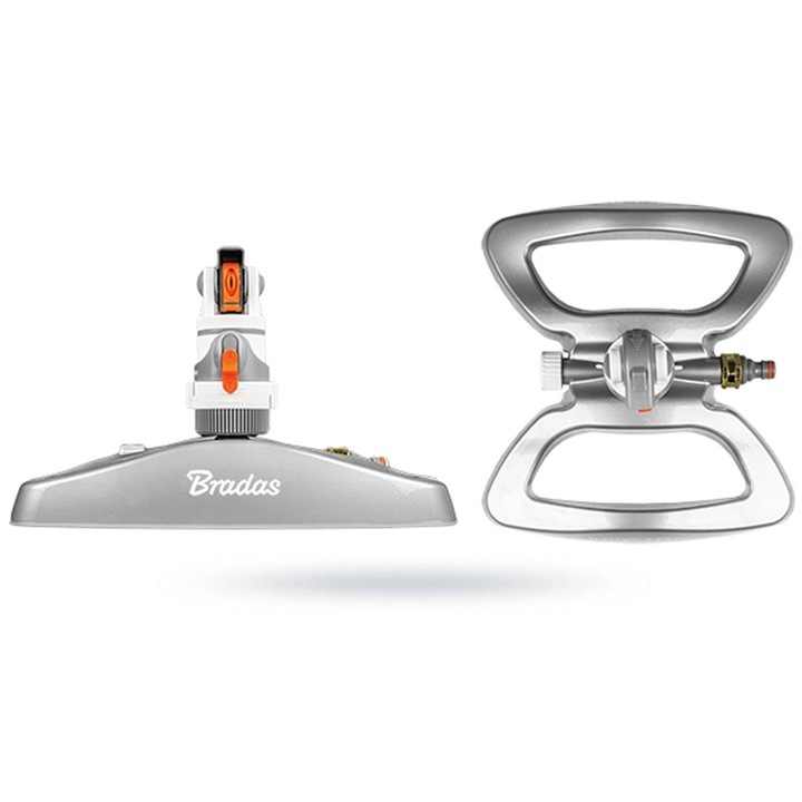 Aspersor profesional Bradas, 4 functii, metal, alb-gri, 21m diametru, 350m2 raza