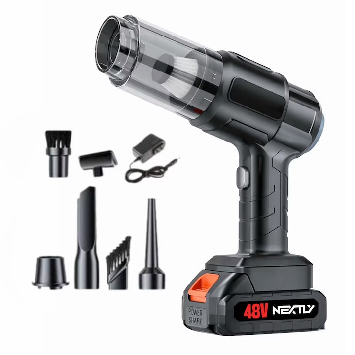 Aspirator portabil multifunctional NEXTLY, auto si casa, functii de aspirare/suflare/vidare/umflare, 6 accesorii, motor puternic, baterie inclusa, 27x22cm, negru