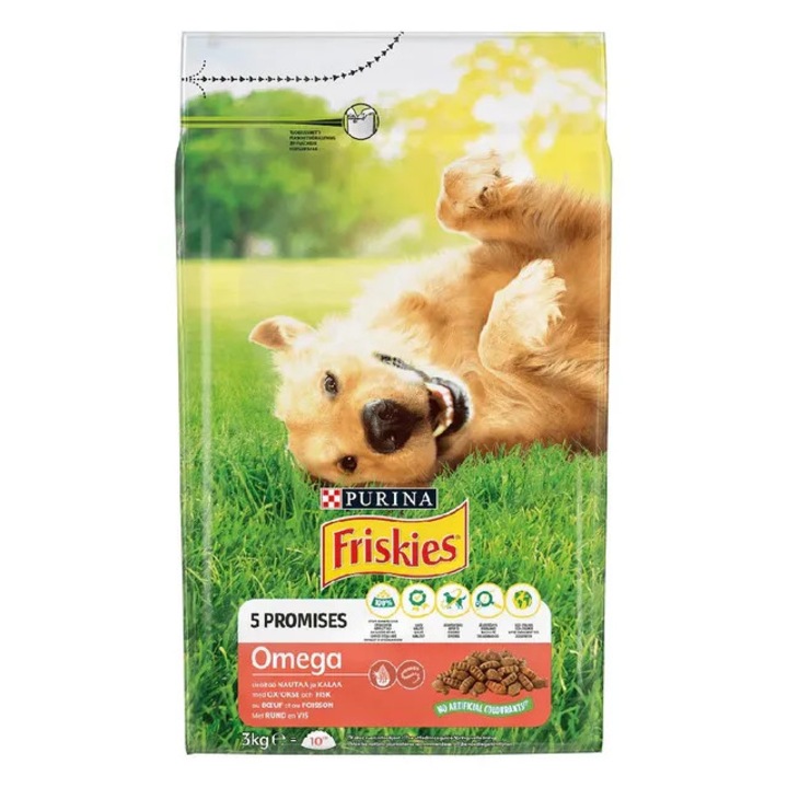 Hrana uscata pentru caini adulti Purina Friskies, vita si peste, 3 kg, toate taliile