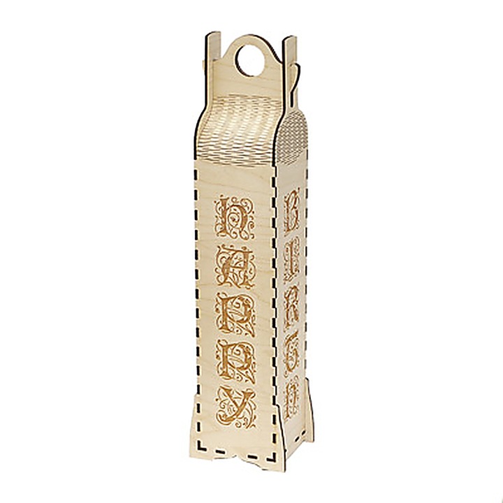 Gravírozott fa bortartó doboz, Happy Birthday, fogantyúval, standard palackhoz