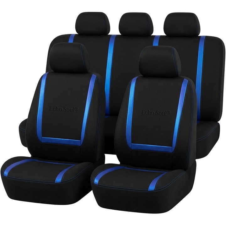 Set huse scaune auto Echo Soul, 9 piese, acoperire 360, negru cu albastru