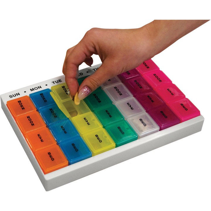 Organizator Pastile 7 Zile, 4 Compartimente/Zi, Cutie Medicamente cu Design Braille, Capacitate Mare, Ideala pentru Vitamine si Suplimente, Portabila pentru Calatori
