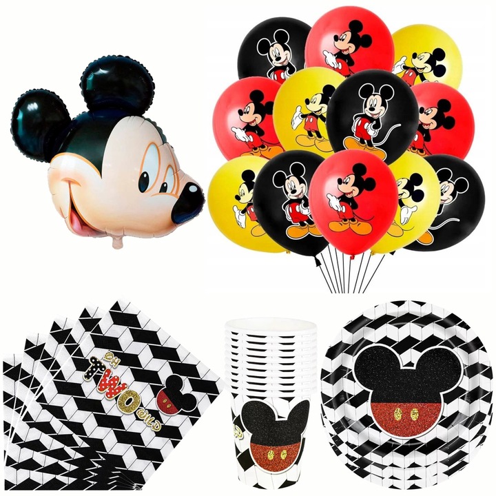 Un set complet de decoratiuni pentru ziua de nastere cu Mickey Mouse. Include: 20 de servetele, 10 pahare, 10 farfurii, 12 baloane de cauciuc si 1 balon din folie – 53 de piese in total