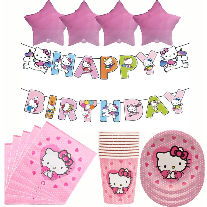 Un set fermecator pentru ziua de nastere cu tematica Hello Kitty. Include: 20 de servetele, 10 pahare, 10 farfurii, 4 stelute din folie si o ghirlanda „La multi ani”. 45 de piese in total