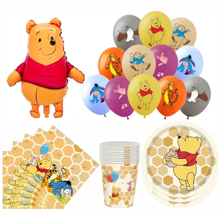 Un set de petrecere fermecator cu Winnie the Pooh si prietenii sai! Setul include baloane, pahare, farfurii, servetele si un balon din folie. Perfect pentru o zi de nastere, o petrecere pentru copii sau o sarbatoare in familie pentru cei mici