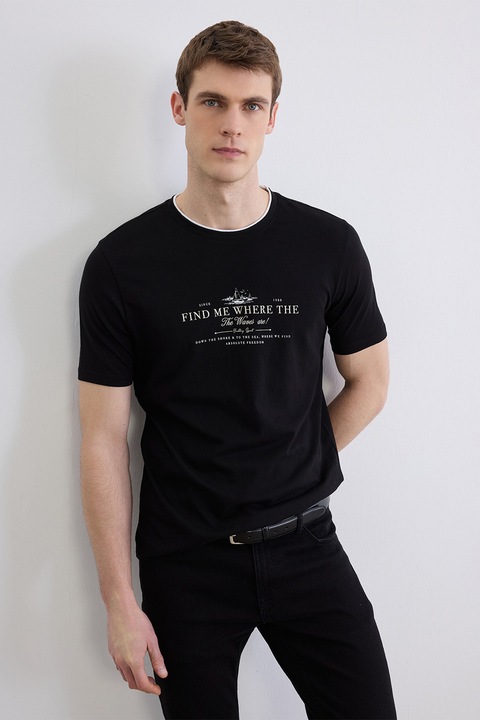 LC WAIKIKI, Tricou cu decolteu la baza gatului si imprimeu text, Negru/Bej