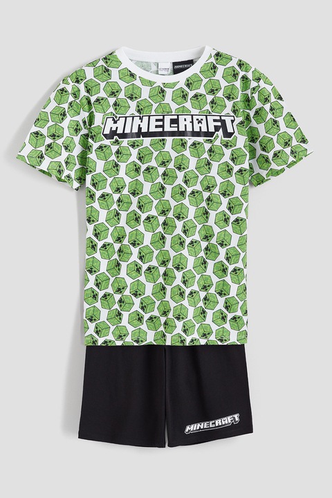 LC WAIKIKI, Pijama cu pantaloni scurti si model tematic Minecraft, Alb/Verde/Negru