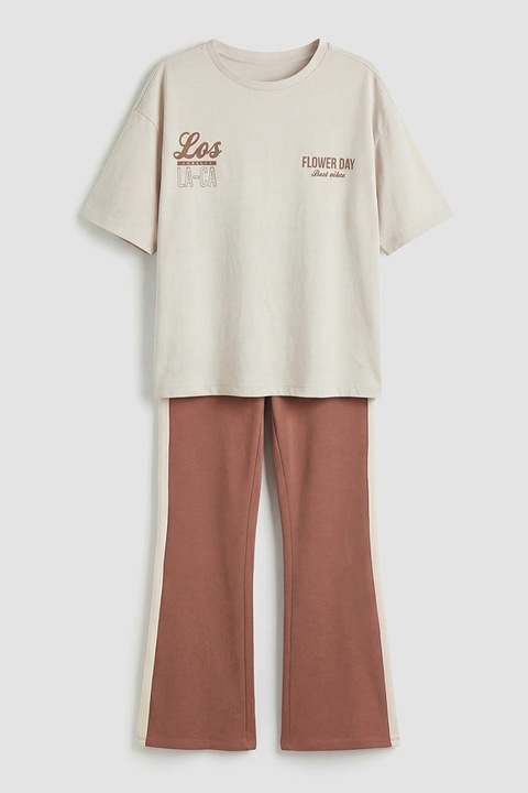 LC WAIKIKI, Set de tricou lejer si pantaloni lungi - 2 piese, Bej inchis/Maro Siena