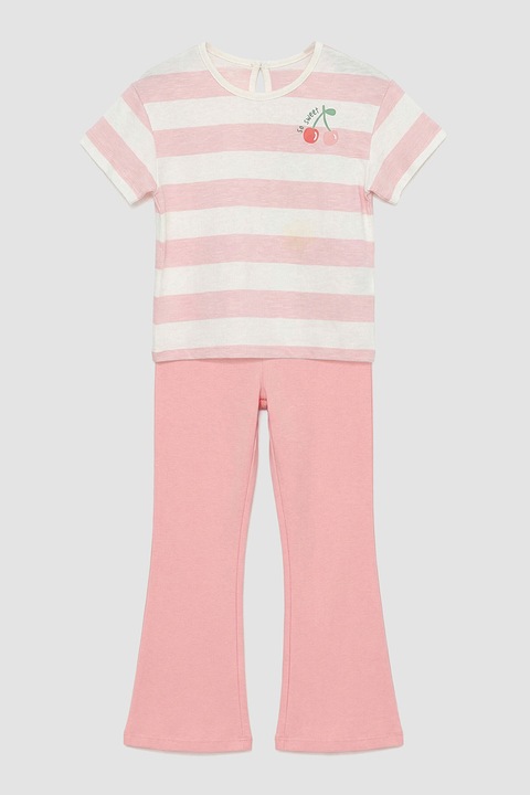 LC WAIKIKI, Set de tricou cu dungi si colanti evazati - 2 piese, Alb/Roz deschis