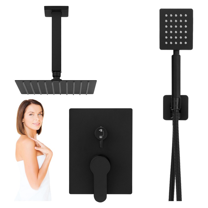 Set baterie dus cu para patrata de 20cm, montare perete, 2 functii de curgere a apei, dus tip ploaie, cu baterie incastrata, NEGRU