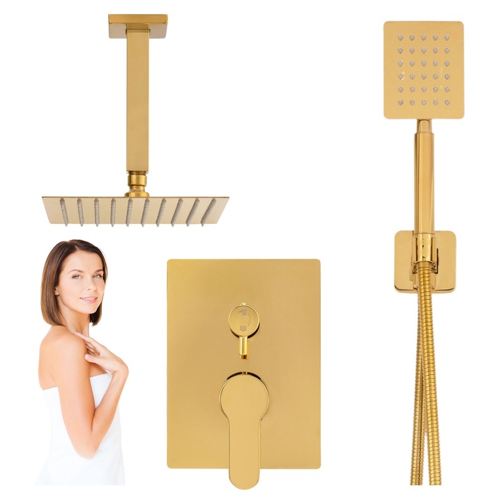 Set baterie dus cu para patrata de 20cm, montare perete, 2 functii de curgere a apei, dus tip ploaie, cu baterie incastrata, AURIU