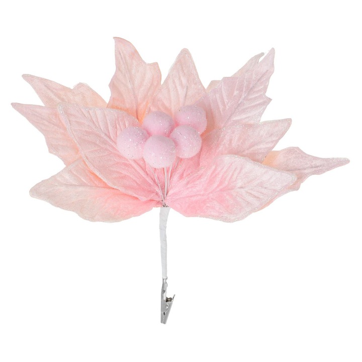 Floare Decorativa de Craciun Roz cu Glitter & Clips 26cm