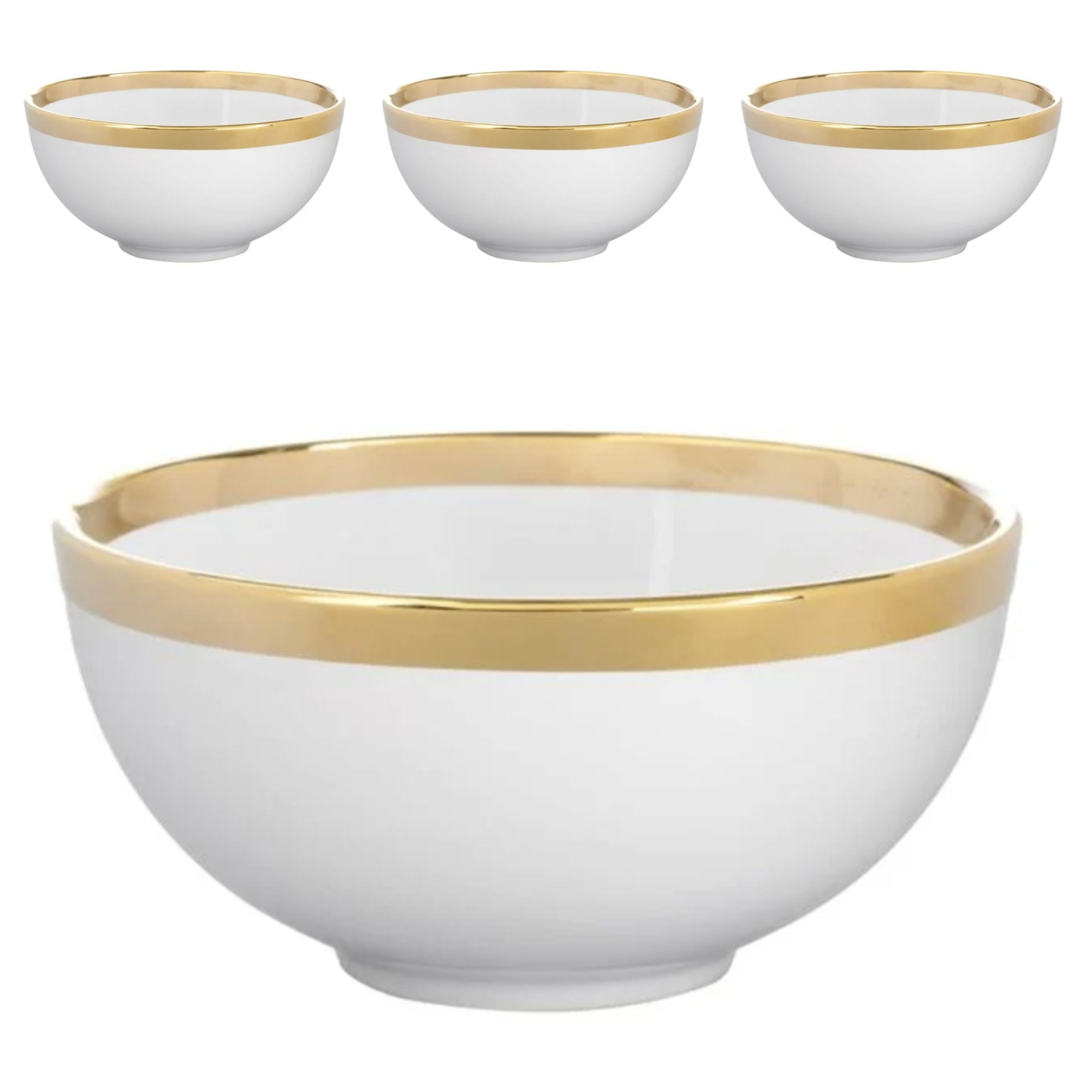 Set de 4 boluri de ceramică margini aurii x7cm albe 14x7cm, 520 ml