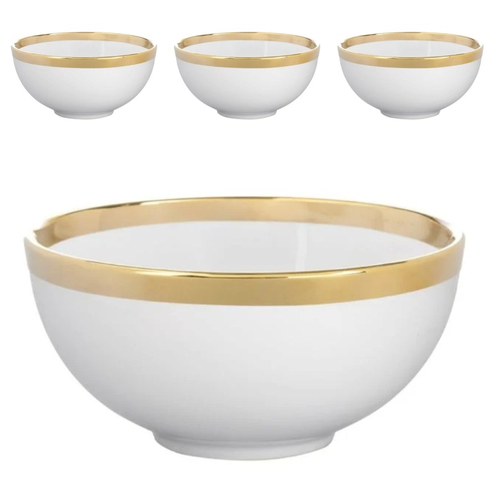 Set 4 boluri ceramice albe cu margini aurii, 520ml, 14x7cm