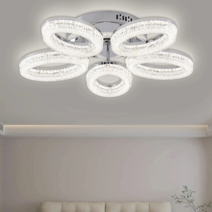 Lustra LED RFAN, Model K3538/5CH, Cu Telecomanda, 3 Tipuri De Lumina, Intensitate Reglabila, 120W, Argintiu
