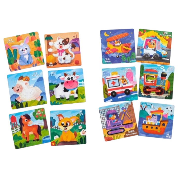 Set 12 Puzzle-uri Montessori pentru Copii, 2 Teme: Animale si Vehicule, 12 in 1, Joc Educativ Dezvoltare Motricitate, 3 ani+, Multicolor