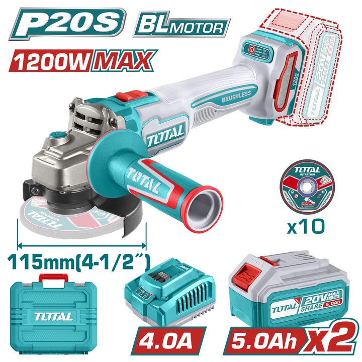 Polizor unghiular Total, 20V, 1200W, 115mm, 2 baterii 5Ah, set discuri