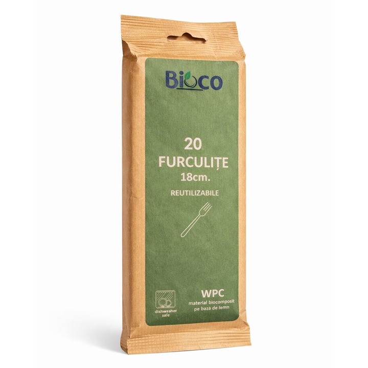 Set 20 furculițe reutilizabile Bioco, lemn, 18cm