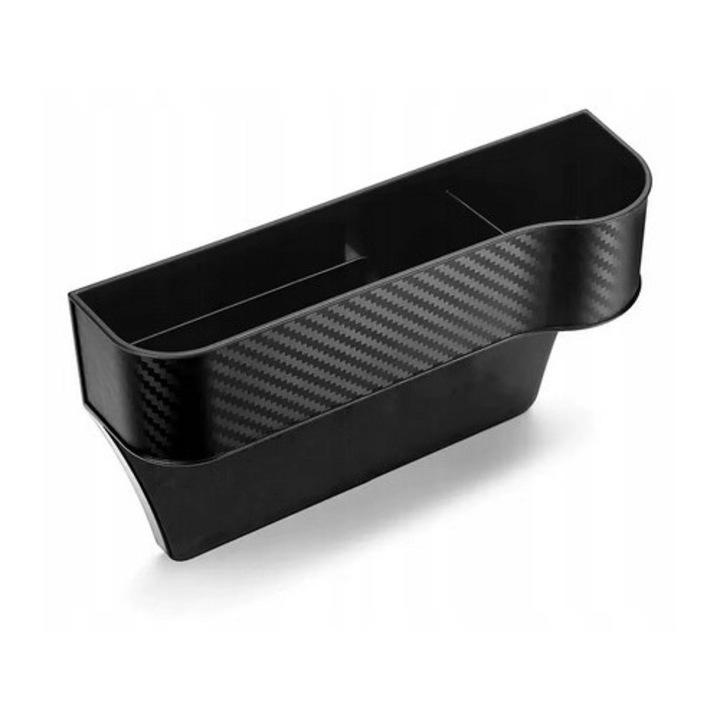 Organizer auto ATA, model carbon, pentru umplerea spatiului dintre scaun si consola, 3 compartimente, drept, negru