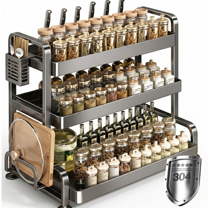 Organizator bucatarie 3 niveluri din inox 304, raft depozitare condimente si sticle, suport ustensile cu carlige, raft metalic pentru blat, rezistent la rugina si temperaturi ridicatea, 55x24x60 cm