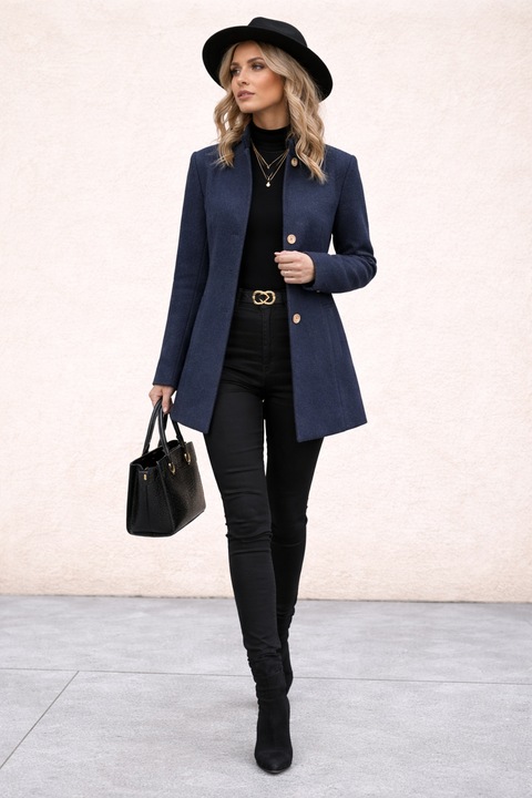 Design Palton din lana bleumarin cu guler