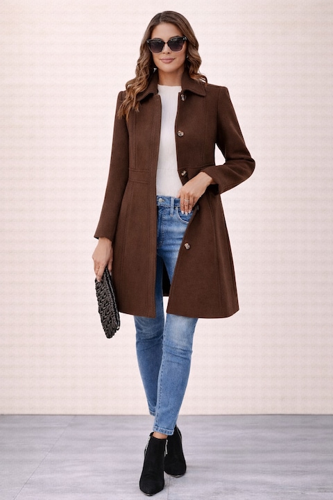 Palton dama, design detaliat, maro, lana, casual