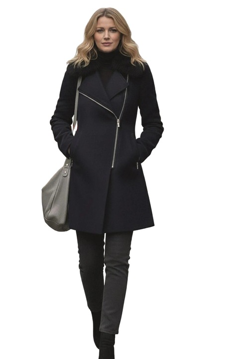 Női kabát, sötétkék, szőrme gallér, regular fit szabás, alkalmi stílus, XL INTL