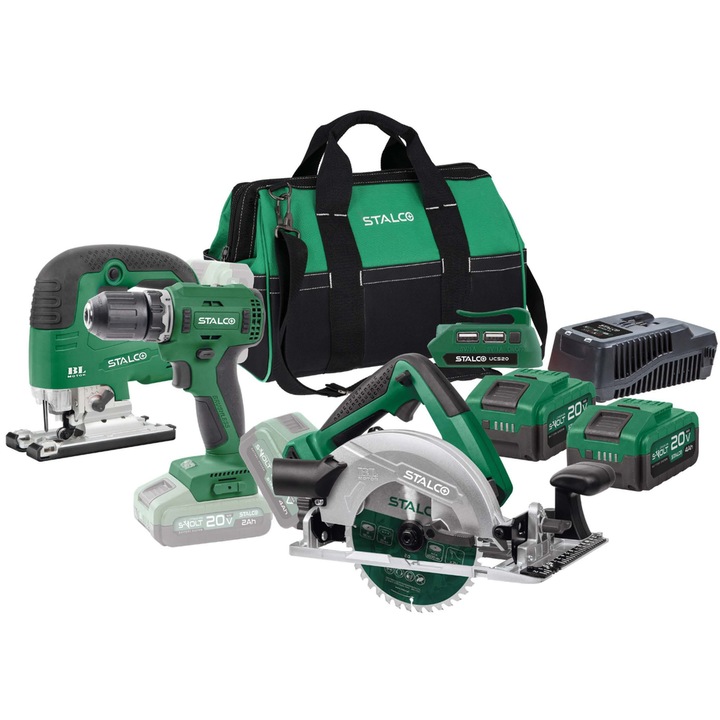 Set scule electrice Stalco, ferastrau circular, ferastrau pendular, masina de gaurit, 2x 4Ah, multicolor