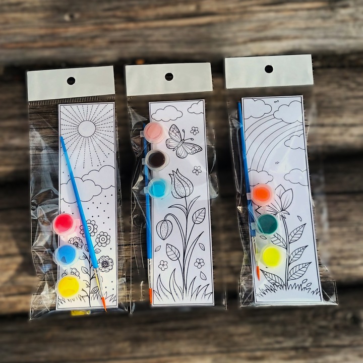 Set 3 semne de carte cu flori de pictat, 19x6 cm, cu pensula si culori acrilice