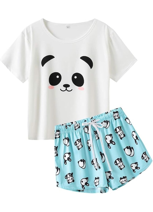 Pijama dama vara. Imprimeu Panda, Pantalon scurt si Tricou alb, Material moale si placut la atingere, Poliester, L