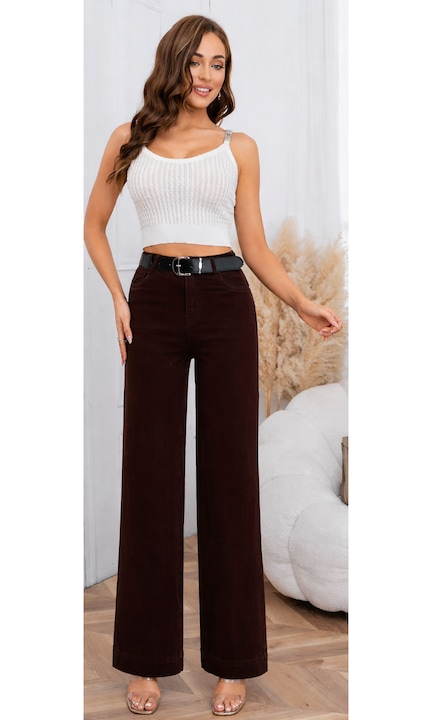 Blugi dama wide leg, talie inalta, maro inchis, elastici, Maro inchis