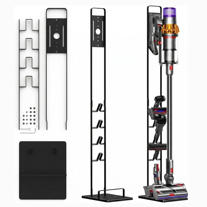 Suport Premium Pentru Aspirator Dyson, Bedee, V15 V12 Gen5 V11 V10 V8 V7, Montaj Fara Gauri in Pereti, Constructie Stabila, Economisire Spatiu, 29x22x127 cm, Negru