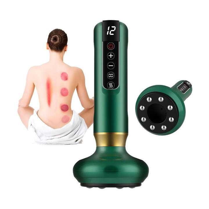 Aparat Masaj Anticelulitic 3 In 1, FONIX CelluSculpt Pro, Stimulare Circulatie, Drenaj Limfatic, Recuperare Musculara, 12 Niveluri Vacuum, Incalzire Infrarosu 45 Grade, 8 Bile Otel Gua Sha, USB-C, Portabil, Cronometru 20 Min, Verde