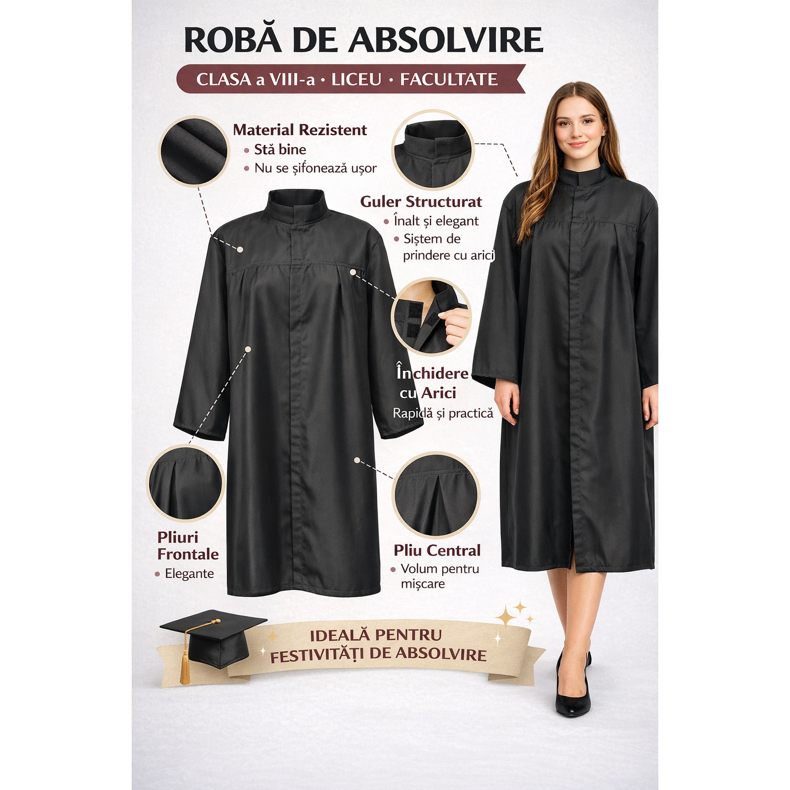 専用 roBa-LP ブラック ABS Roba absolvire neagra, model academic cu guler inalt si inchidere