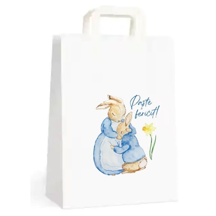 Set 10 pungi cadou pentru Paste cu model mama iepuras si pui, mesaj „Paste Fericit” 18x9x25 cm