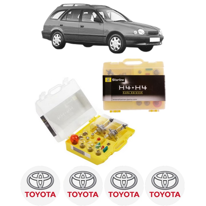 Kit trusa Set becuri H4 compatibila cu TOYOTA COROLLA Estate (_E11_) din 1997-2001, bec far, semnalizare, pozitie, iluminare numar, frana, plafoniera, stop frana