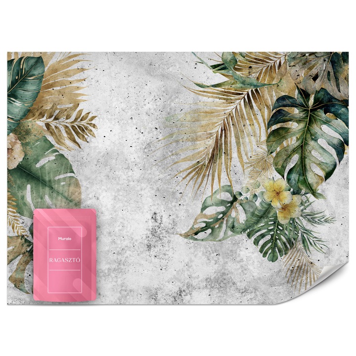 Fotótapéta Muralo Trópusi Levelek És Virágok 150x105 Beton Háttérrel Modern Nappaliba