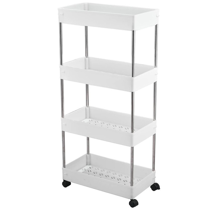 Количка за съхранение, 4 рафта, въртящи се колела, за баня/кухня, бяла