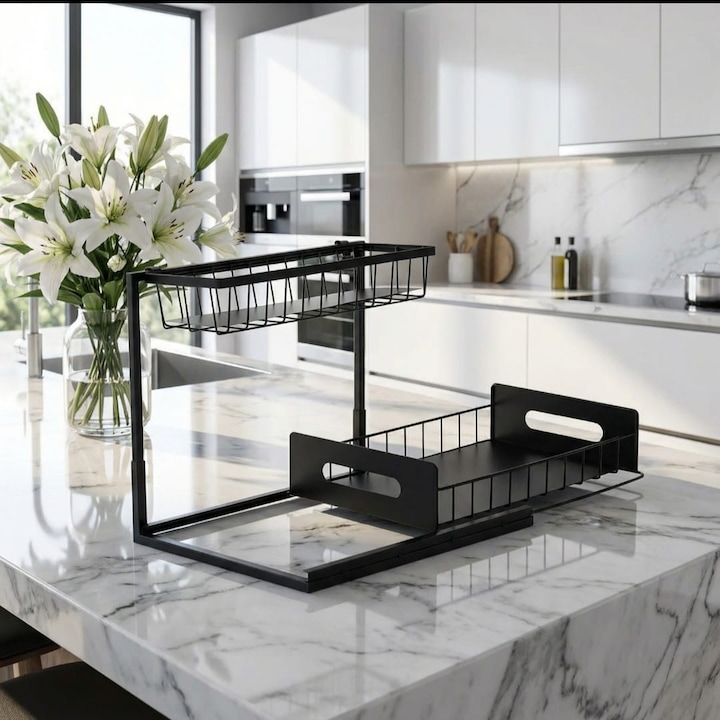 Премиум Кухненски Рафт с Плъзгащо се Чекмедже, Двустепенна Етажерка за Съхранение, Метална, Електростатично Боядисана, Долната Кошница Може да се Изважда, Подходяща за Шкафове, Под Мивката и на Плотове, Черна