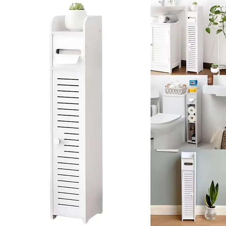 Dulap vertical ingust pentru baie cu 4 niveluri, structura PVC, design compact si modern, alb, 80 x 17 x 15 cm