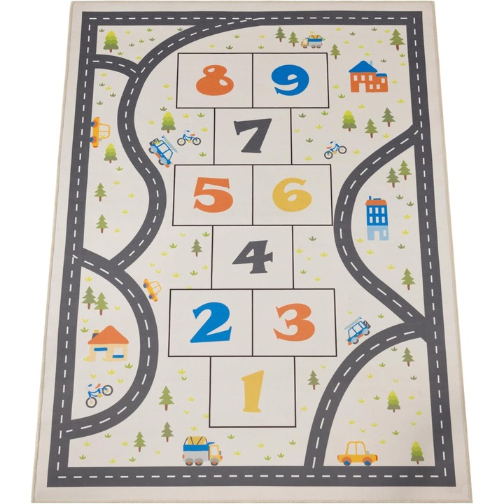 Covor de joaca pentru copii Navaris, pista masinute si sotron, antiderapant, 160 x 120 cm, covor camera copii, Multicolor