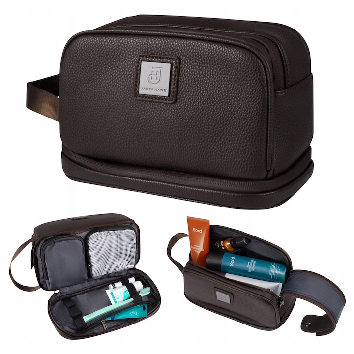 Utazó Kozmetikai Táska, James Hawk, Nagy és Tágas, Vízálló Anyag Vízálló Cipzárakkal, Külön Higiénikus Rekesz Fogkefének, Mágneses Záródás és Praktikus Fogantyú, 25x15 cm, Barna