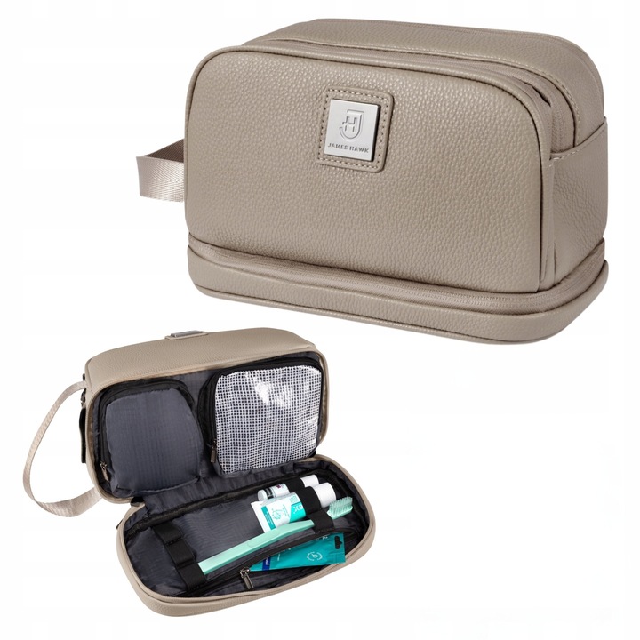 Utazási Kozmetikai Táska, James Hawk, Nagy és Tágas, Vízálló Anyag Vízálló Cipzárakkal, Külön Higiénikus Rekesz Fogkefének, Mágneses Záródás és Praktikus Fogantyú, 25x15 cm, Szürke/Bézs