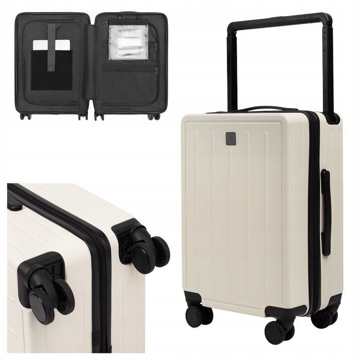 Troller Cabina, James Hawk, Carcasa Durabila Policarbonat Si 4 Roti Pivotante 360, Kosmetyczka Detasabila Si Buzunar Laptop 16 Inchi, Sistem Securitate TSA Cu Cifru, Maner Lat Ergonimic, 55x35x23 cm, Sand