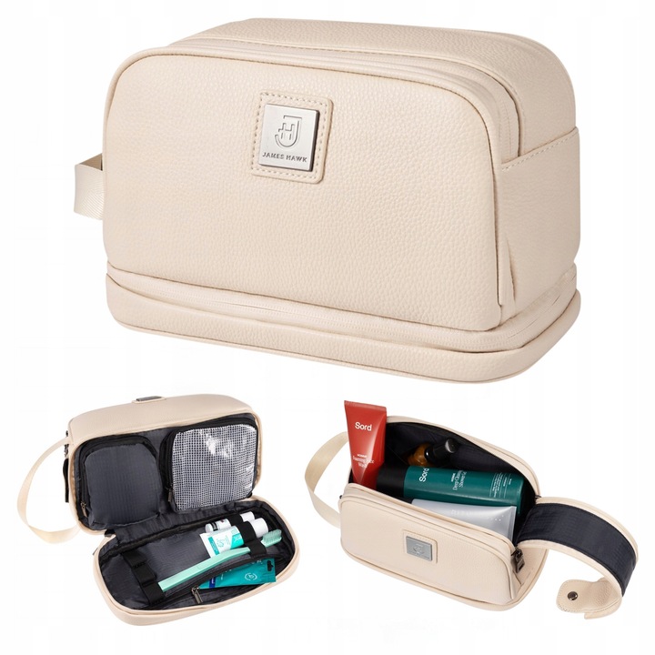 Utazási Kozmetikai Táska, James Hawk, Nagy és Tágas, Vízálló Anyag Vízálló Cipzárakkal, Külön Higiénikus Rekesz Fogkefének, Mágneses Záródás és Praktikus Fogantyú, 25x15 cm, Bézs