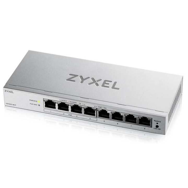 Switch ZyXEL GS1200-8HPV3 Managed L2 Gigabit Ethernet (10/100/1000) Power Over Ethernet (PoE) Desktop Gri